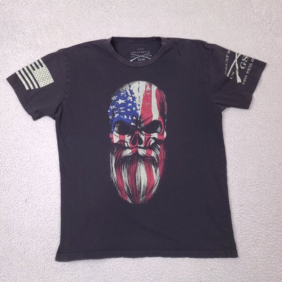 Grunt Style Skull Mens‎ T-Shirt Large American Flag Defend Beard Patriot - Picture 1 of 12